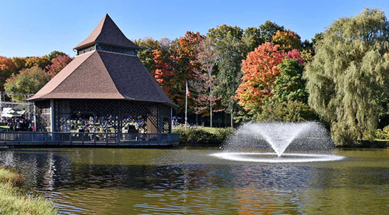 A view of WCSU's Ive's Pond and Ive's Concert Park. A fountain sprays water within the pond. Trees in the background are changing color in the Fall season.