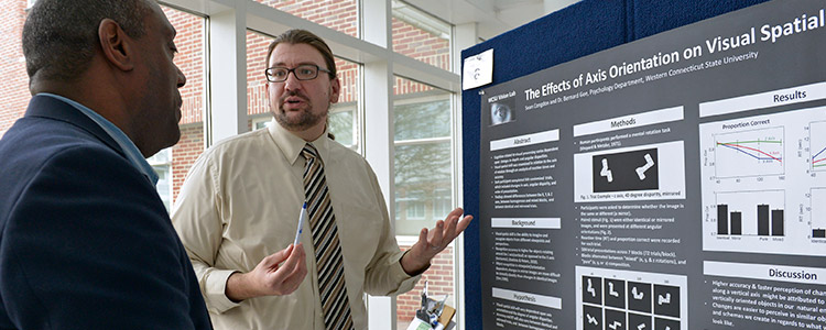 Two gentlemen converse about a presentation board that pertains to visual perception.