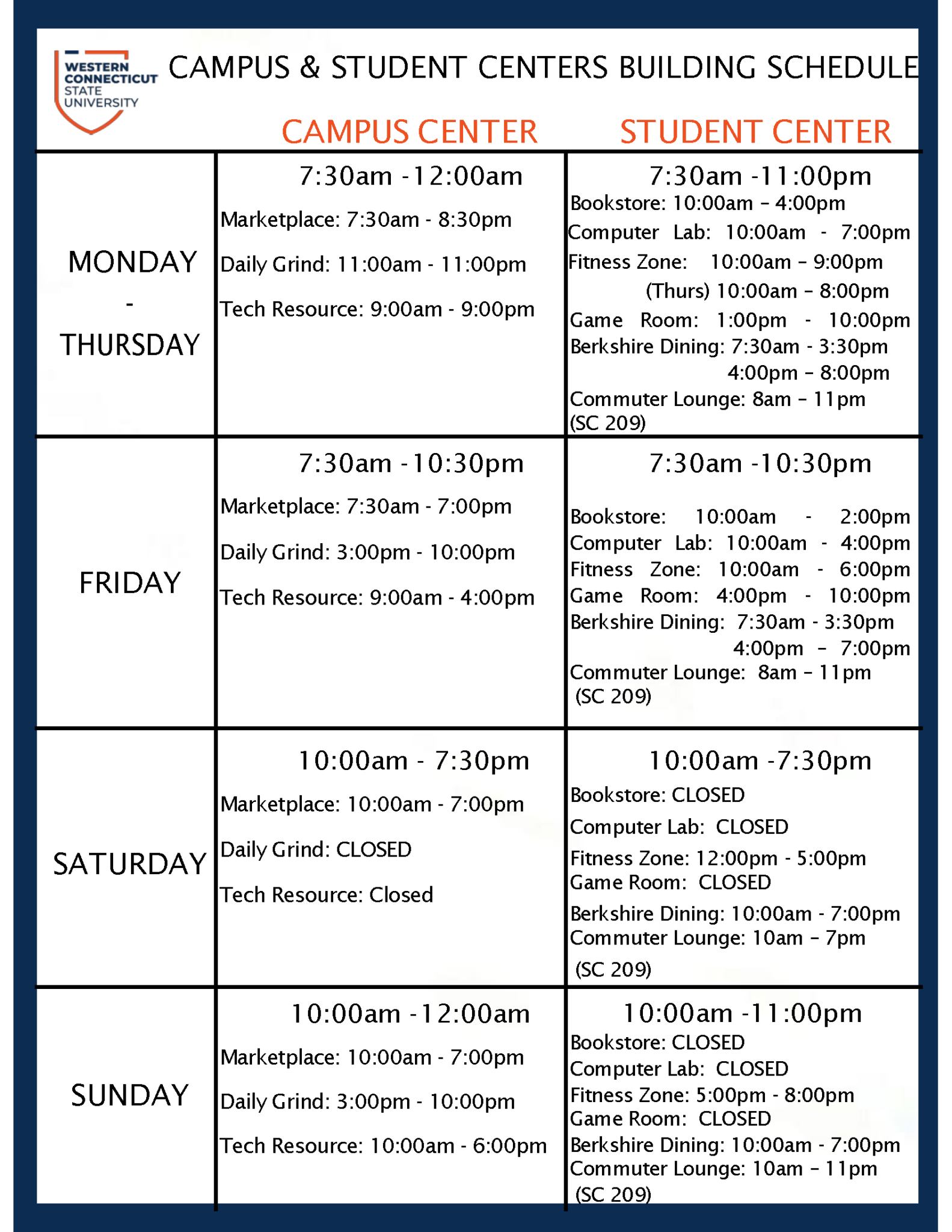 Building Hours – Campus & Student Centers