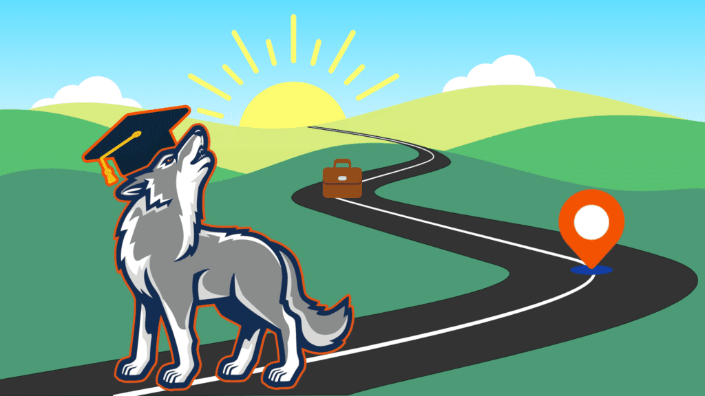 WCSU wolf with a graduation cap at the start of a long, winding road with a destination marker and briefcase along the way leading to a bright sun at the end.