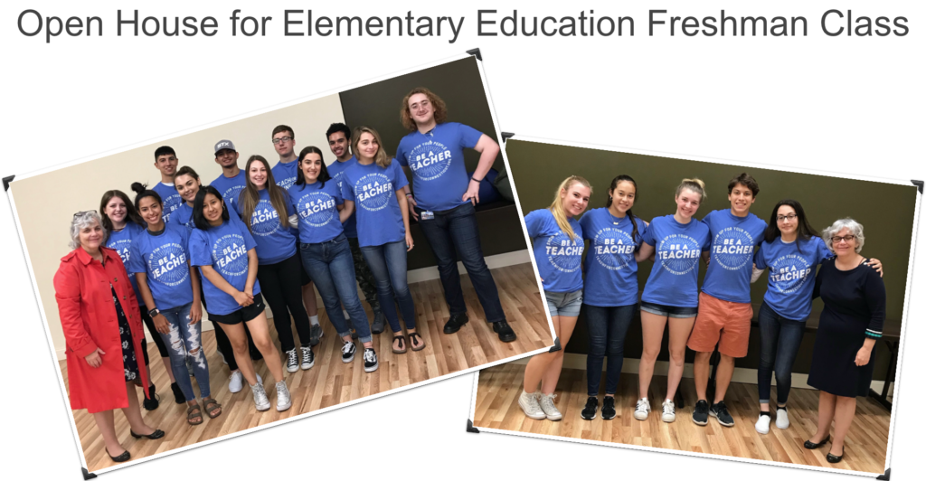 Two images askew showing Dr. Catherine O'Callaghan with the Elementary Education Freshman class who are wearing blue Become A Teacher t-shirts