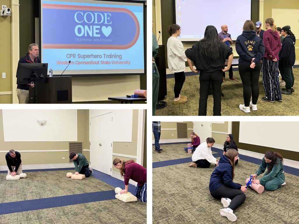 Collage of four photos from a first aid training: a guest instructor presenting CPR, participants practicing chest compressions on training dummies, another instructor teaching tourniquet use, and participants practicing tourniquet application on training dummies.