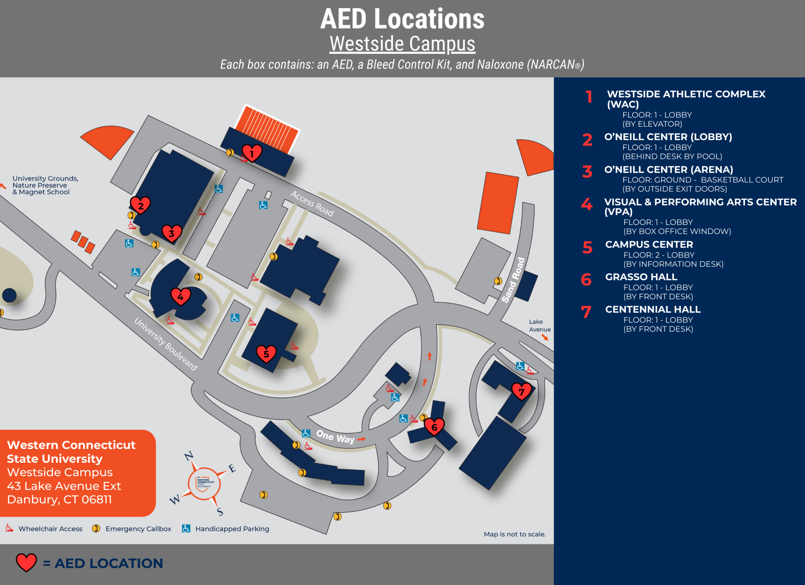 Map of Westside campus with indicators and labels for where AEDs are located