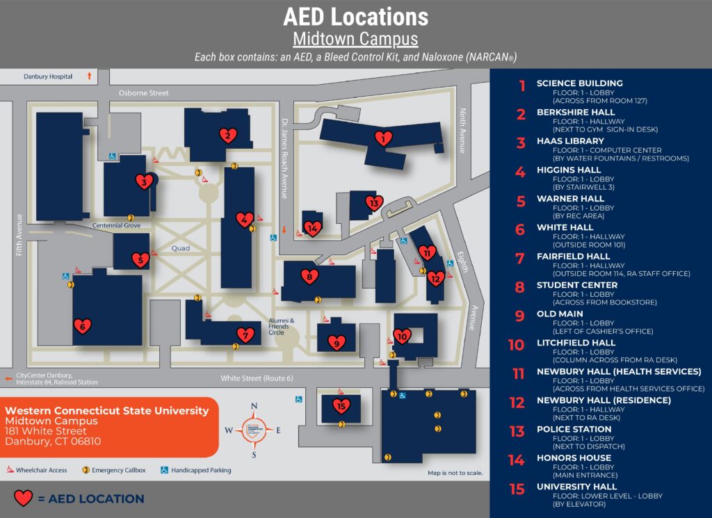 Simplified graphic map of Midtown campus with hearts indicating and describing of AED Locations