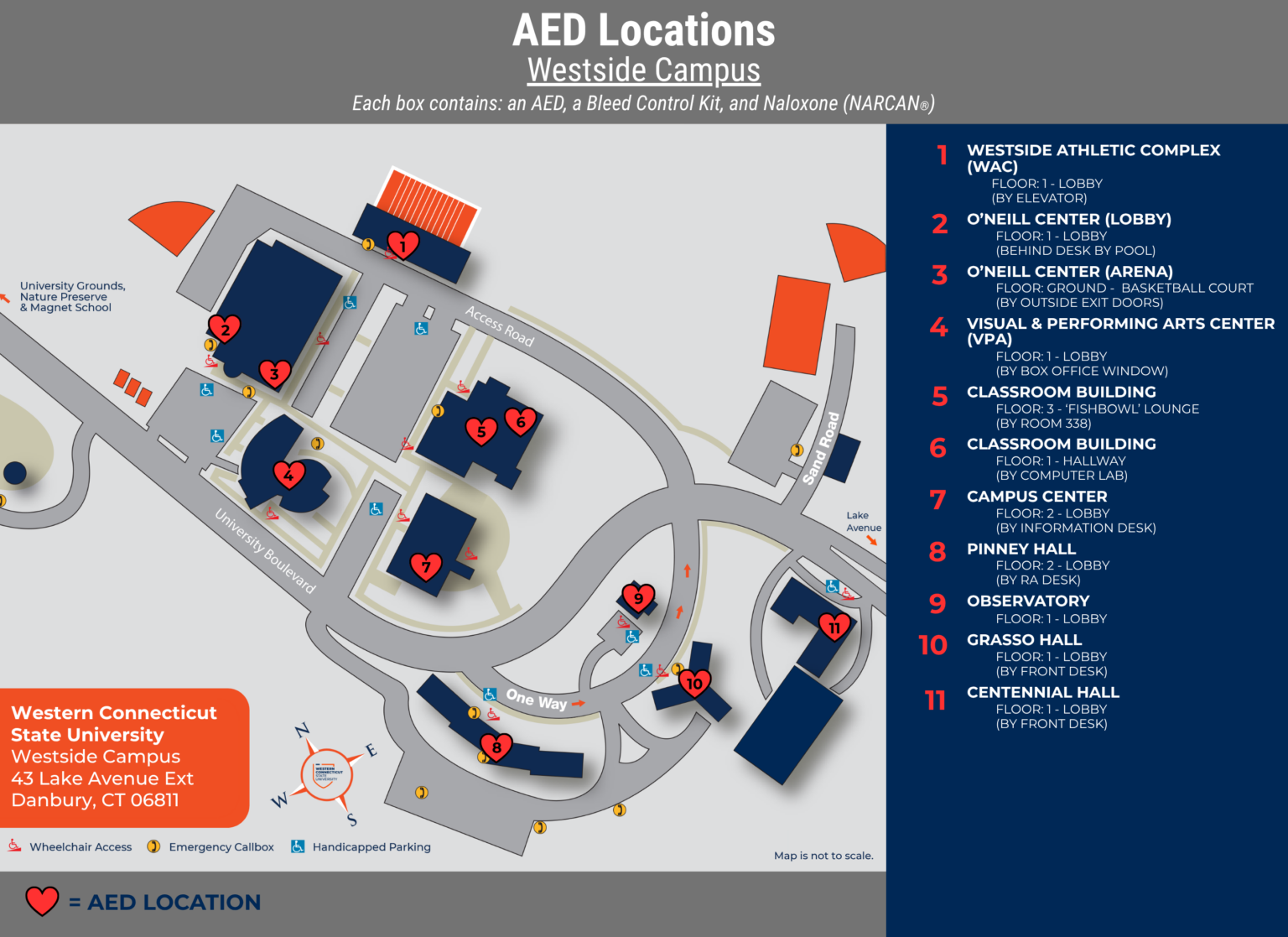 Simplified graphic map of Westside campus with hearts indicating and describing of AED Locations