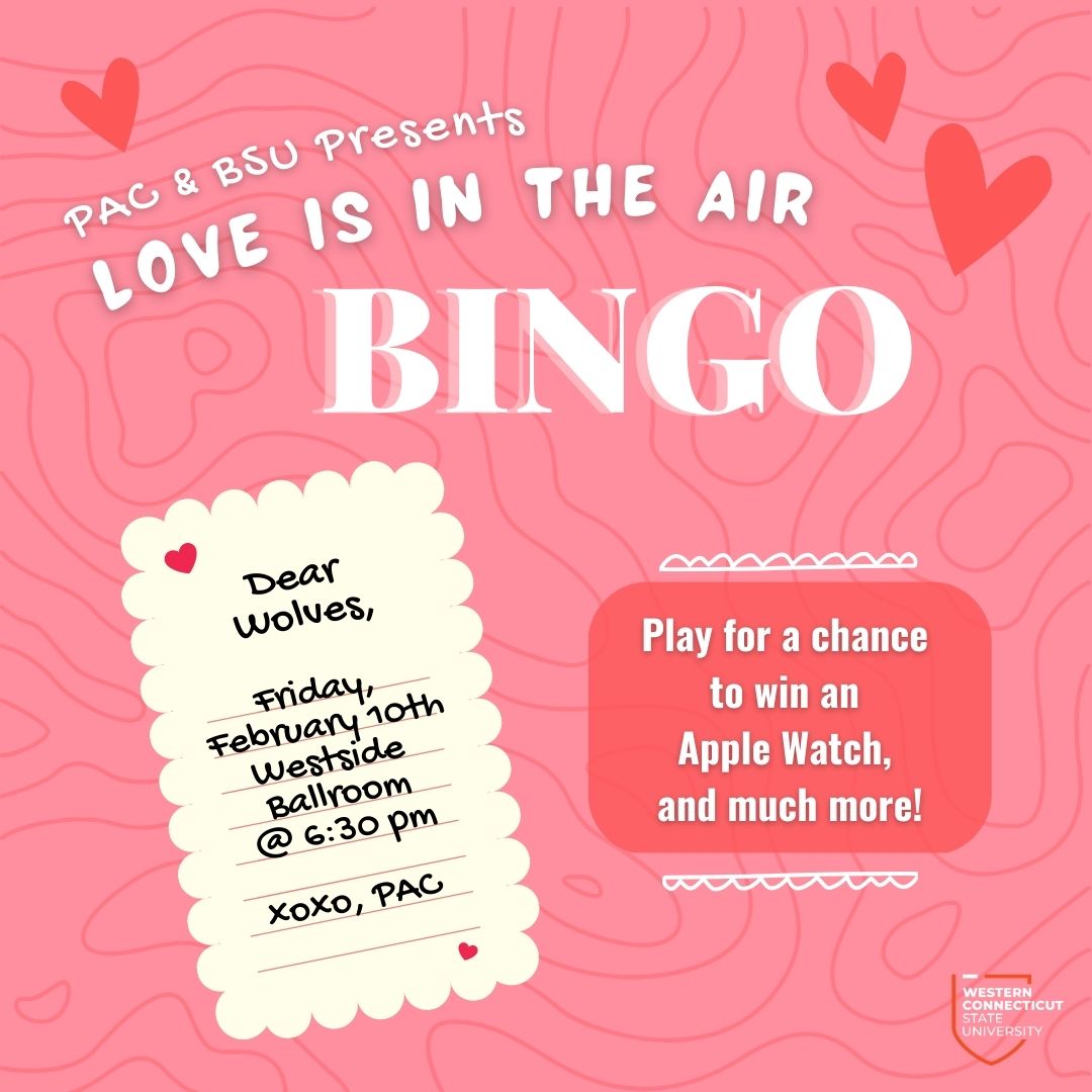 Salmon-colored bingo flyer with hearts