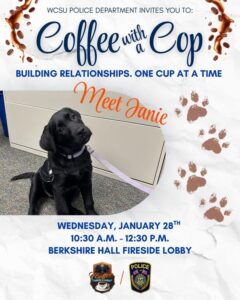 Coffee with a Cop poster, meet Janie the black lab