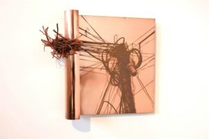 Richard Klein: Entangled Life, Copperplate photogravure, copper electroplated direct bronze casting of an American Robin’s (Turdus migratorius) nest, aluminum support, 18 x 20 ½ x 7 ¾ inches, 2025