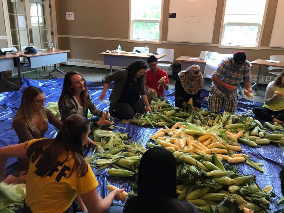 Students looking at and shucking corn on a large purple tarp covering the Honors Lyceum floor. The rectangular wooden tables are around the edge of the room.
