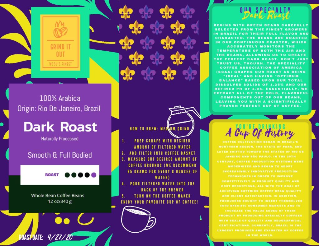The poster has a blue, yellow, and purple color scheme. On the left, it reads: 100% Arabica. Origin: Rio de Janeiro, Brazil. Dark roast, naturally processed. Smooth & full bodied. Roast: 4 out of 5. Whole bean coffee beans, 12 ounces / 340 grams. The middle reads: How to Brew: Medium Grind. 1. Prep carafe with desired amount of filtered water. 2. Add filter into coffee basket. 3. Measure out desired amount of coffee grounds (we recommend 85 grams for every 8 ounces of water). 4. Pour filtered water into the back of the brewer. 5. Turn on the coffee maker. Enjoy your favorite cup of coffee! The right reads as follows: Our specialty: Dark roast begins with green beans carefully selected from the finest growers in Brazil for their full flavor and character. The beans are roasted in our continuous roaster, which accurately monitors the temperature of both the air and the beans, allowing us to create the perfect dark roast. Don't just trust us, though. The Specialty Coffee Association of America (S.C.A.A.) graphs our roast as being "ideal" and having "optimum balance" based upon our total dissolved solids of 1.25% and our refined pH of 4.94. Essentially, we extract all of the bold, flavorful components out of our beans, leaving you with a scientifically proven perfect cup of coffee. Another box on the right reads as follows: You're drinking a cup of history. Coffee cultivation began in Brazil's northern region, the state of Para, and later shifted toward the states of Rio de Janeiro and Sao Paulo. In the 20th century, coffee production systems were modernized and began to adopt increasingly innovative production techniques in order to improve competitively in product quality and cost reductions, all with the goal of achieving superior coffee bean quality and client satisfaction. In addition, producers sought to insert themselves into specific consumer markets and to increase the value added of their product by producing specialty coffees with seals of quality and geographical certifications. Currently, Brazil is the largest producer and exporter of coffee in the world. The poster also has drawings of coffee carafes and cups in the background.