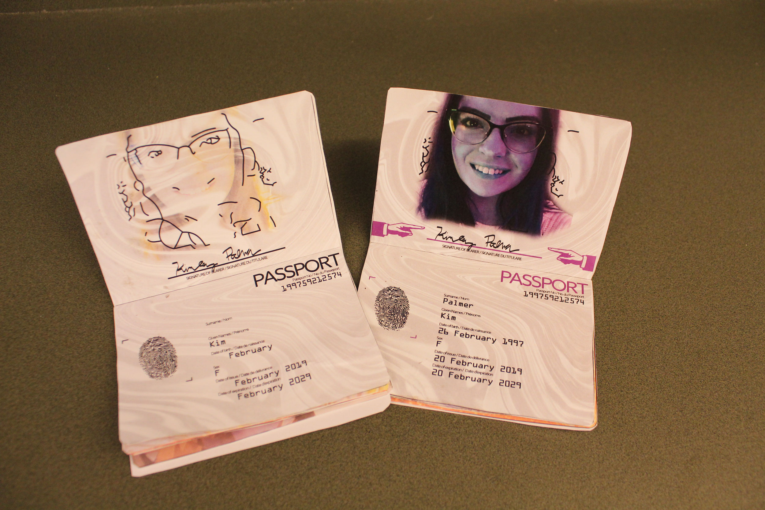 A passport for Kim Paleer. The photo of their face at the top is tinted purple and has their signature underneath it. The passport lists their name, date of birth, sex, date of obtaining the passport, and the date it will expire. There is a fingerprint next to this information. On the left is an almost identical copy of the passport, but Paleer's face is faded at the top, reduced to just an outline, and is tinted slightly yellow.