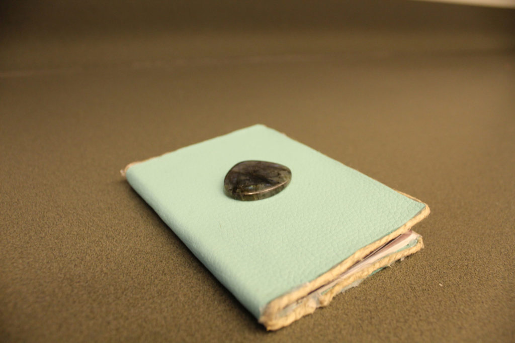 A closed light blue passport. A dark marbleized rock sits on top of the cover.