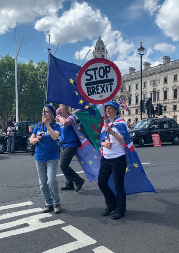 Three people stand in a street protesting Brexit. One person holds up a circular sign on a stick that says "Stop Brexit" in large black letters. They are wearing a flag that has Great Britain's design on one side and the EU's design on the other side, and it is tied around them like a cap. Another person wears all blue and holds up an EU flag. Another person in the background also has a combination Great Britain and EU flag tied around them like a cape. They are also holding a Wales flag.