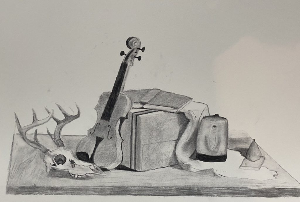 A plank of wood with various objects on it, including an antlered animal skull, a violin, a cardboard box, an open book, a kettle, and a pear.