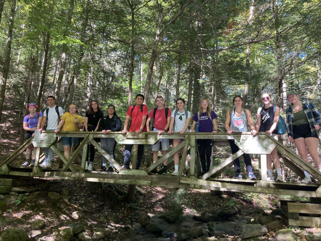 Twelve students standing on a wooden bridge above a small river. There are many trees with leaves on them behind them.