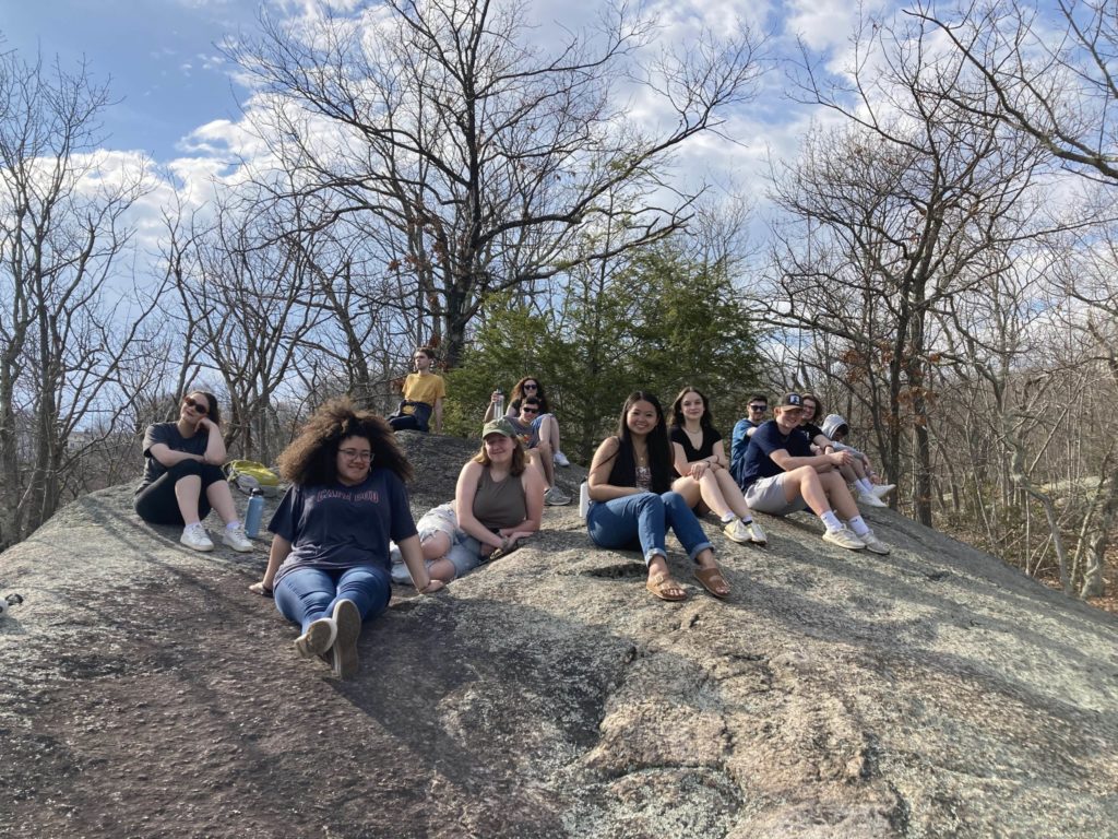 Twelve students sitting on a large rock formation. There are trees without leaves and an evergreen tree behind them. They are all somewhat far from the camera.