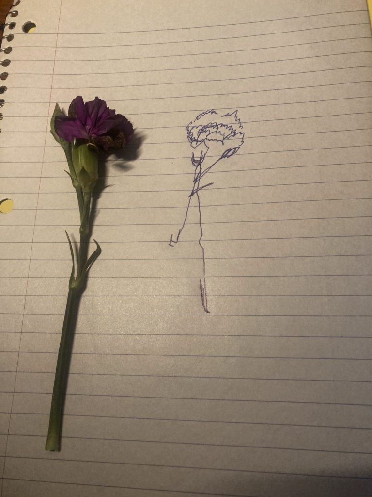 Drawing of flower on notebook paper completed with eyes closed. The flower is on the left. It has purple petals and a long green stem. The drawing&#039;s petals are made of many tiny squiggly lines. It also looks like it has two stems.