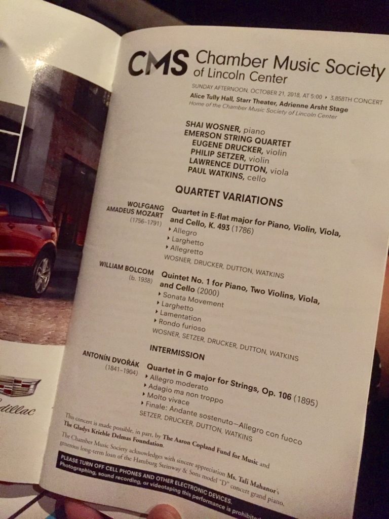 Program for Chamber Music Society at Lincoln Center