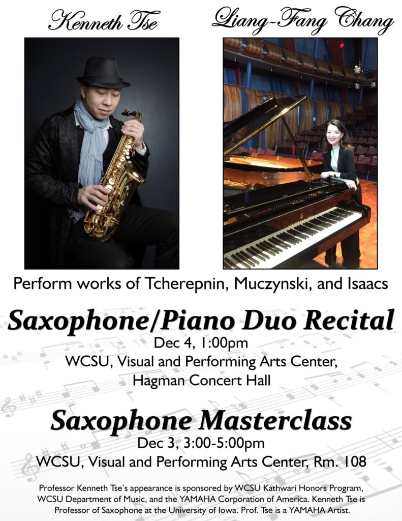 Poster for Dr. Kenneth Tse and Dr. Liang-Fang Chang's saxophone/piano recital. Tse is in the top left holding a saxophone, and Chang is in the top right leaning on a grand piano.