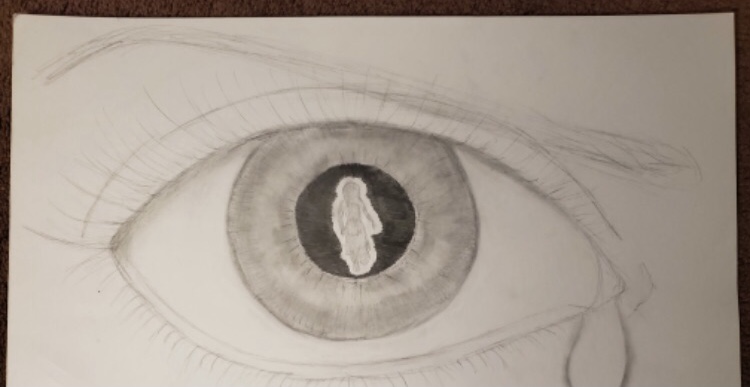 A drawing of an eye done with a pencil. A tear escapes from the tear duct, and a small figure is floating around in the eye's pupil.