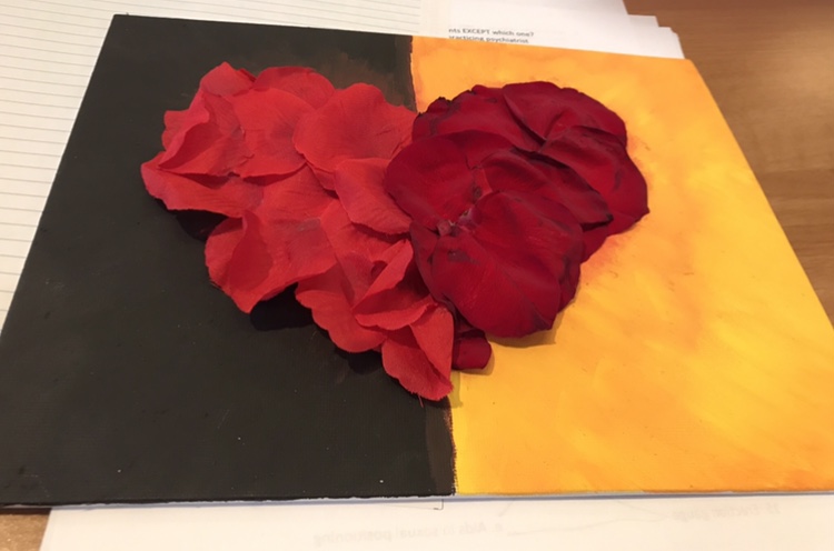 A heart made out of two shades of rose petals (a lighter red on the left and a darker red on the right). The petals are on top of an art board that is painted black on the left and gold on the right.