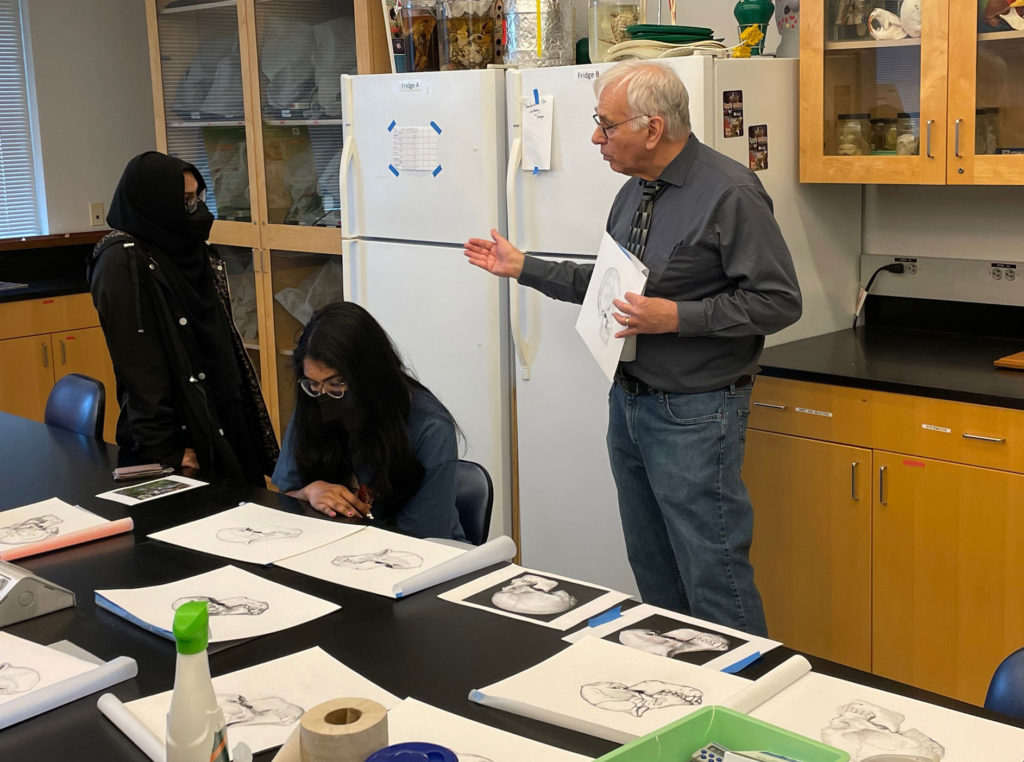 Michael Rothman is speaking with student Satil Moni, whose outfit is all black: hijab, coat, shirt, pants, etc. Another student, Aakanksha Koppisetti, sits at a table next to them and looks at illustrations of monkey skulls.