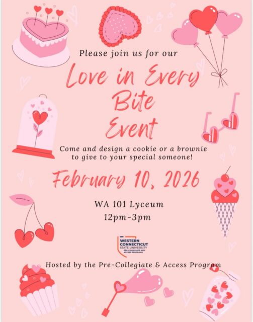 …Love is in the air — and in every bite! 🍪💖
Join us for our Love in Every Bite event on February 10 in WA 101 Lyceum (12pm–3pm).
Design a cookie or brownie for someone special and share the love. 💕

Stop by for something sweet, fun, and made with heart.

#WestConn #WCSU #LoveInEveryBite #ValentinesAtWCSU #StudentEvents

⸻

…El amor está en el aire — ¡y en cada bocado! 🍪💖
Acompáñanos en Love in Every Bite el 10 de febrero en WA 101 Lyceum (12pm–3pm).
Diseña una galleta o un brownie para alguien especial y comparte el amor. 💕

Pasa por aquí para algo dulce, divertido y hecho con cariño.

WestConn WCSU SanValentín EventosEstudiantiles

⸻

…O amor está no ar — e em cada mordida! 🍪💖
Participe do Love in Every Bite no dia 10 de fevereiro no WA 101 Lyceum (12pm–3pm).
Crie um cookie ou brownie para alguém especial e compartilhe o amor. 💕

Passe por aqui para algo doce, divertido e feito com carinho.

WestConn WCSU DiaDosNamorados EventosEstudantis
