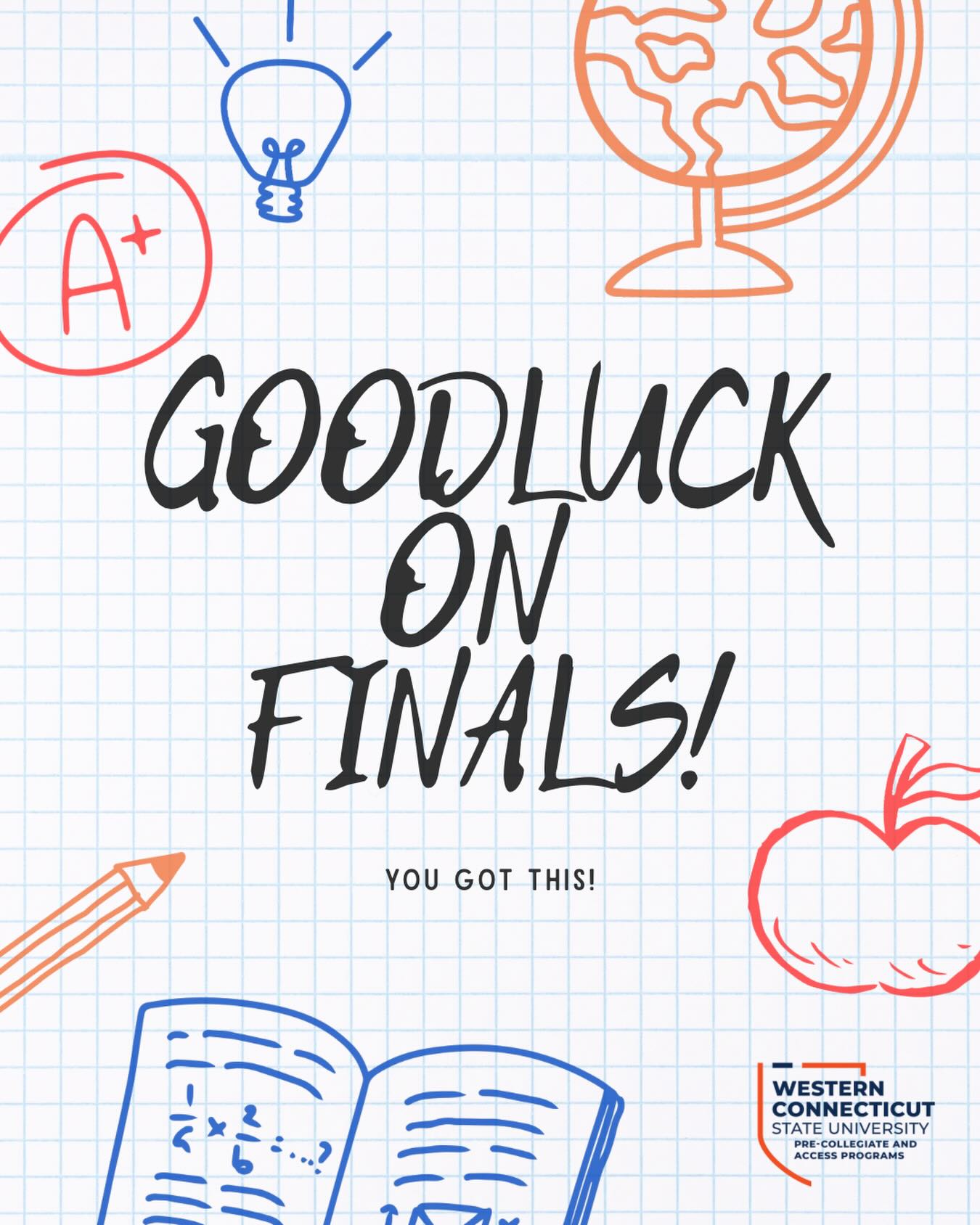 Good luck on finals this week! 📚🐺

Remember to take breaks, stay hydrated, get some sleep, and trust all the hard work you’ve put in this semester. The PCAAP team is cheering you on every step of the way. Finish strong, you got this! 💙🧡

#WCSU #WestConn #FinalsWeek #PCAAP