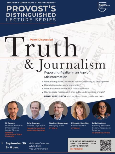 Join WCSU for the Provost’s Distinguished Lecture Series: Truth & Journalism — Reporting Reality in an Age of Misinformation featuring a panel of local and state media professionals.

📅 September 30
⏰ 6–8 p.m.
📍 Midtown Campus | White Hall, Ives Concert Hall

The discussion will explore how journalists verify information, the difference between truth and opinion, the impact of declining trust in media, and how social media and AI are changing the way we understand information.

✨ Free and open to the public!

Scan the QR code on the flyer to register and learn more.

#wcsu #pcaap #pass #trio