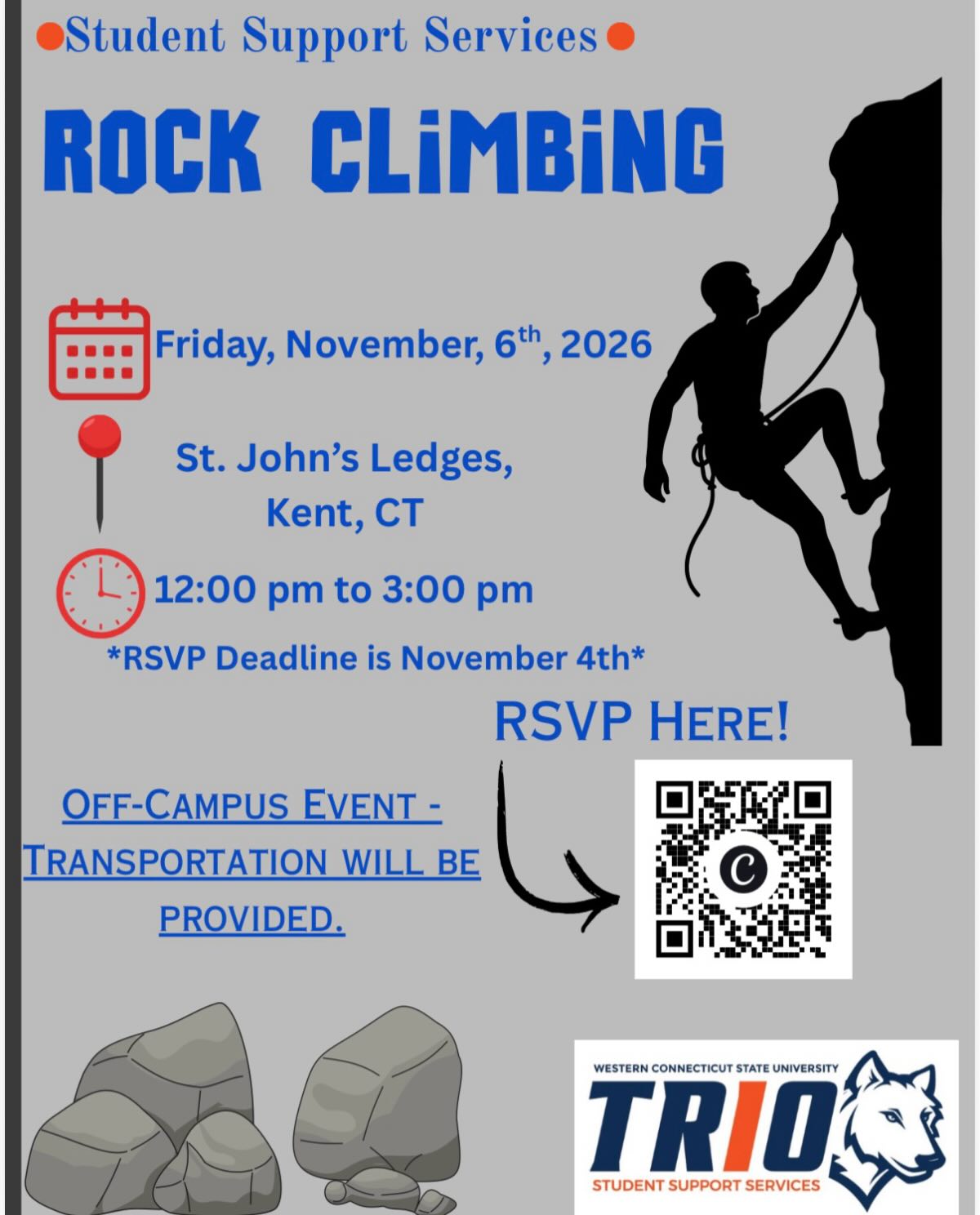 🚨 IMPORTANT DATE CHANGE! 🧗‍♂️

Our SSS Rock Climbing event has been rescheduled!

📅 NEW DATE: Friday, November 6th, 2026

⏰ RSVP DEADLINE: November 4th!

Don’t miss out! Scan the QR code on the flyer to secure your spot! 🪨⛰️