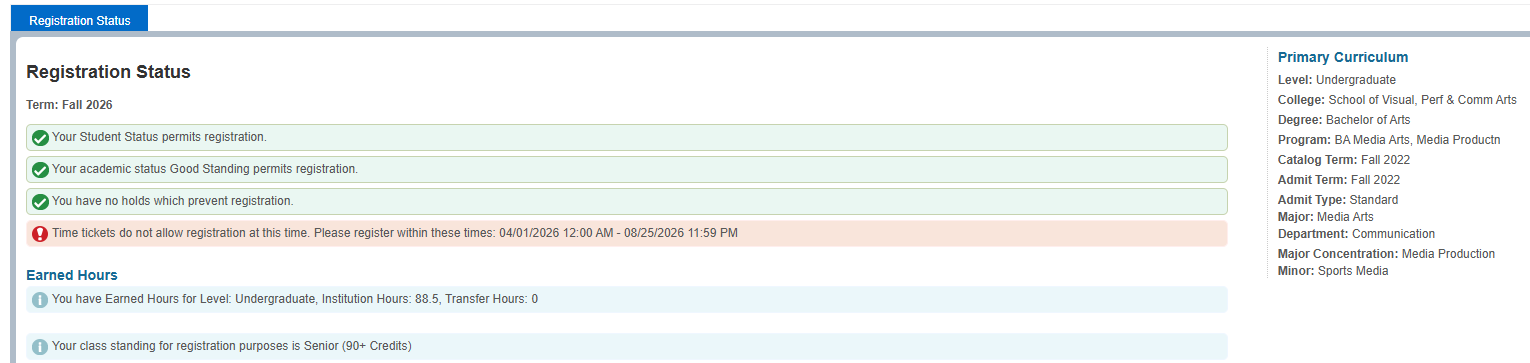 Screenshot showing registration status, registration date, and earned hours