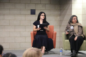 IBM Research mentor Radha Ratnaparkhi joins Nikita Karim on stage during the 2025 IBM Research Panel at Western Connecticut State University.