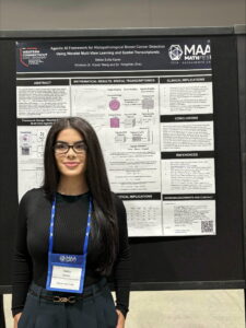 Nikita Karim presenting her research on an Agentic AI Framework for Breast Cancer Detection at the 2025 Mathematical Association of America (MAA) MathFest, where she received the Student Scholar Award from the national MAA Board through the D.E. Shaw Student Grant.