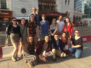 Dr. Donald Gagnon with students from WCSU's Americans in London course attending the West End production of Hamilton.