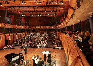 The WCSU VPA Musical auditorium, viewed from the far left upper balcony, flanking the center music floor.