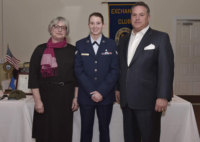 Image: Senior Airman Kathleen Cass (center) is pictured at the Exchange Club of Danbury award ceremony with the sponsors of the scholarship she received, Marie and Alan Guarino.