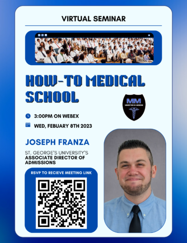 "How-to Medical School" with QR code and images of presenter.